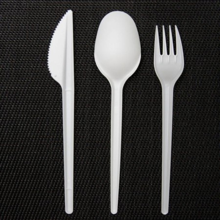 A set of plastic disposable cutlery 5 in 1: fork, spoon, knife, napkin, toothpick, white color-2