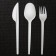A set of plastic disposable cutlery 5 in 1: fork, spoon, knife, napkin, toothpick, white color