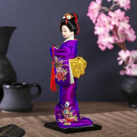 Collector doll "Japanese in a purple kimono with flute" 25x9.5x9.5 cm-2