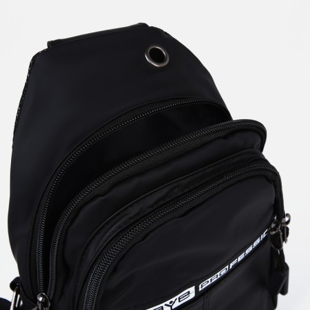 Male sling bag from textiles, headphone opening, black color-6