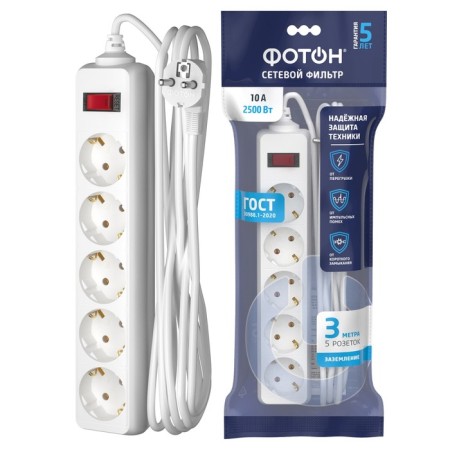 Network filter "Photon" SP 10-35ES, 3 m, 5 outlets, 10 A, with a shit, with salary, white-3