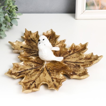 Souvenir Polystone stand "Two white birds on maple leaves" Gold 28.3x28.3x9 cm-3