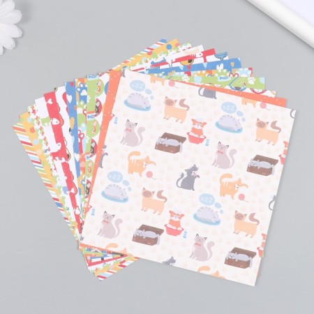 A set of scrapbooking paper 12 sheets 12 designs "Funny cats" 160 grams 15.2x15.2 cm
