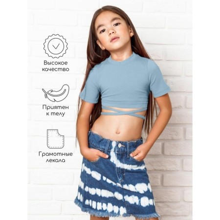 TOP for a girl with short sleeves on Generation ties, height 128 cm, blue color-1