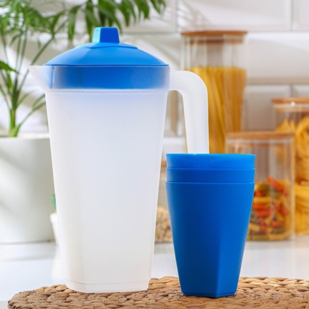 Set for drinks is plastic, 4 items, jug 2 l, 3 cups 500 ml, 20 × 12 × 26 cm, blue color