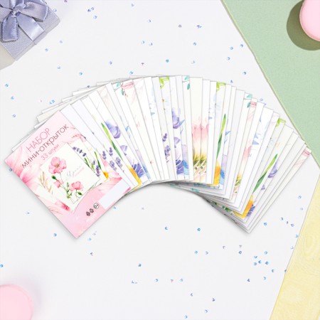 Set of mini -postcard "Flowers - 1" Pink background, 33 pieces, 7.5x10.5 cm