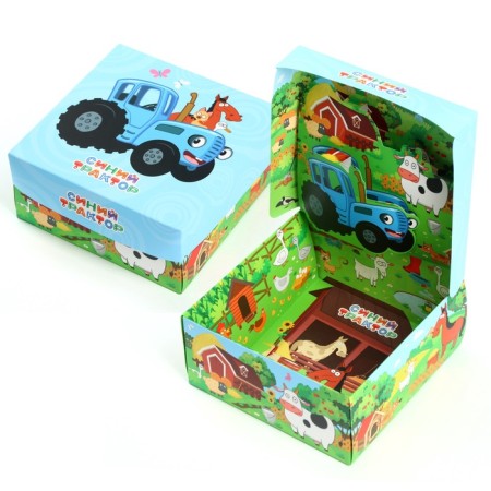 Folding gift box with 3D, blue tractor, 15x15x7 cm-7