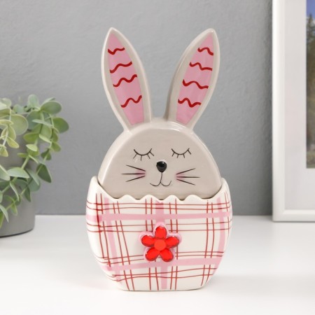 Coramics box "Bunny in an egg in a cell, with a flower" gray-red 11.8x7.2x20.8 cm