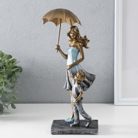 Souvenir Polystone "Mom with her son on a walk under the umbrella" Blue 28x11x8 cm-1