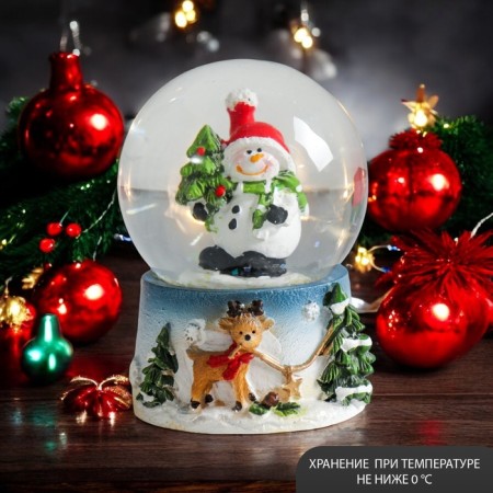 Souvenir Polystone Water Ball "Snowman with a Christmas tree and deer" 4.5x4.5x6.5 cm
