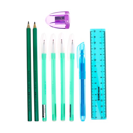 Cleaning set 10 objects (pencil case is 65 x 210 mm, pens 4 pieces Blue, ruler 15 cm, sharpener, pencil 2 pieces, textbook), turquoise-6
