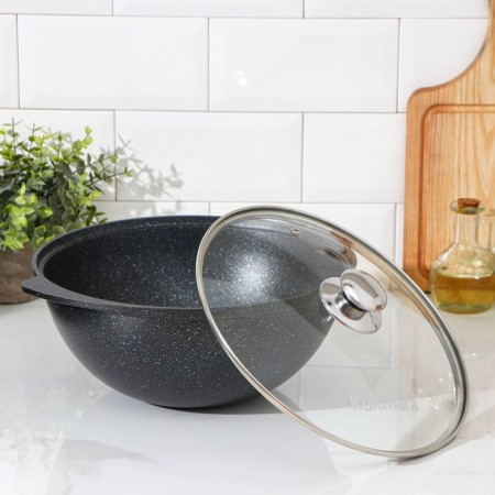 Cauldron, 4.5 l, glass cover, cast handles, anti -stick coating, color dark marble-1