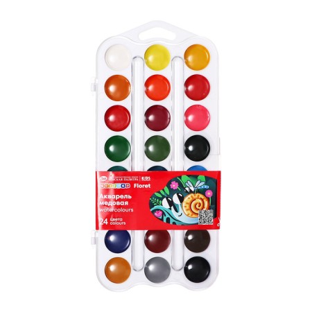 Watercolor honey 24 colors, ZHK "Flower", without brush, white plastic case, 2742190-6
