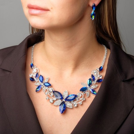 Set 2 objects: earrings, necklace "Flowering" royal, white-blue color in silver, 40 cm