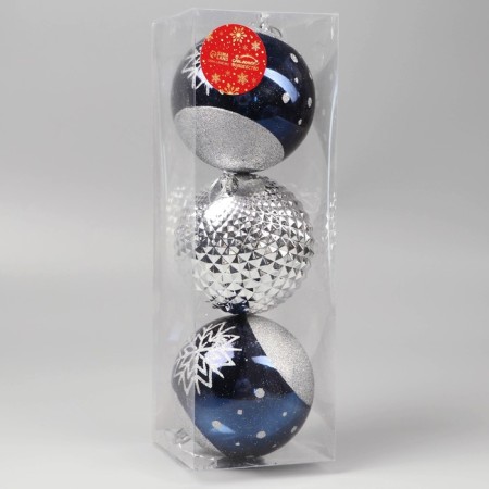 Set of balls Plastic D-10 cm, 3 pcs "Festive patterns" Snowflake mesh, silver-blue-1