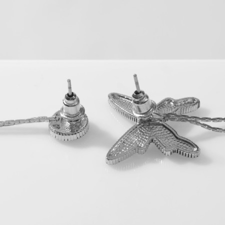 Hanging earrings with rhinestones "Butterfly" and a circle, black and white color in silver-2