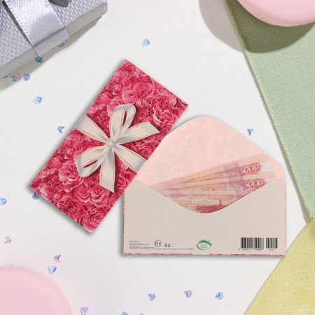 Money envelope "Universal" pink roses, bow, 17x8 cm