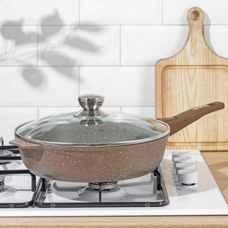 Granite pan, d = 28 cm, removable handle, glass cover, anti -stick coating, brown color-7