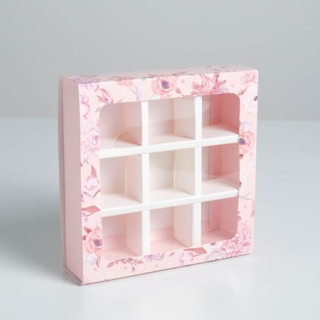 Box for sweets, confectionery packaging, 9 cells, Beautiful 14.5 x 14.5 x 3.5 cm