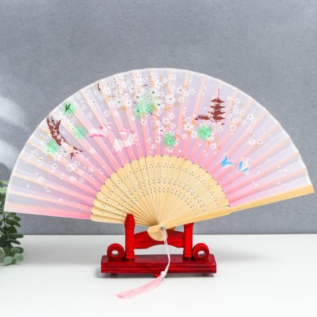 Fan wood, textile h = 21 cm "bunnies at Sakura" pink, with a brush