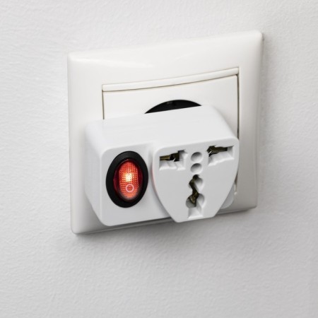 Adapter with a button, in the euro and the Asian fork, s/s, 16a, 230V, 3680W, IP20, white, 26956 4,-7