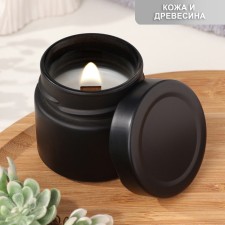 Aromatic candle made of soy wax in a bank, 75 g, leather and TMB wood