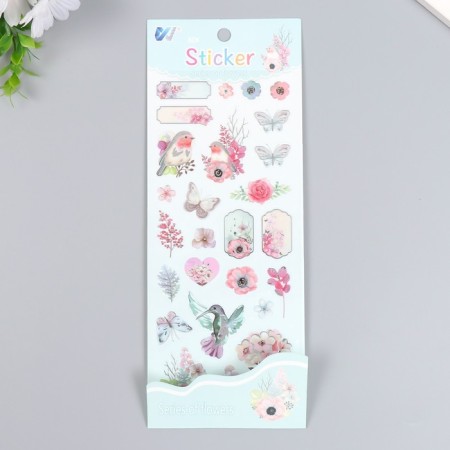 Plastic sticker "Birds and flowers" with silver stroke 10x27 cm