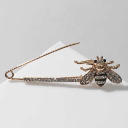 Bulavka "Bee" with rhinestones, 5.5 cm, black and white color in gold-3