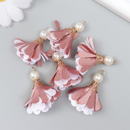 Decor Textile "Flower 2 colors with pearls. Dusty rose and white" set 6 pcs 3 cm-2
