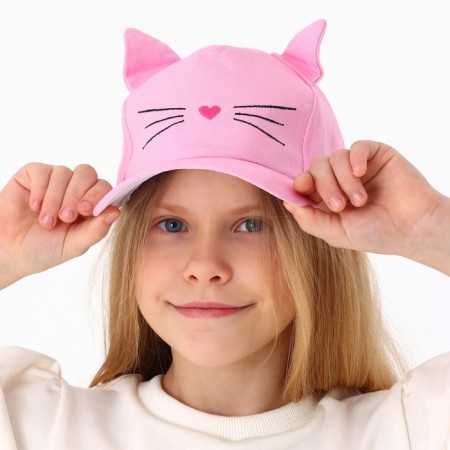 Baby cap for a girl "Kitik", with ears, color pink rr 52-54 5-7 years-11
