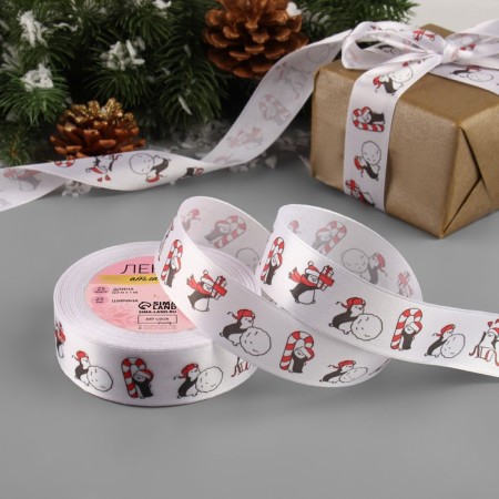 Satin ribbon "Penguins", 25 mm, 23 ± 1 m, white/red/black color