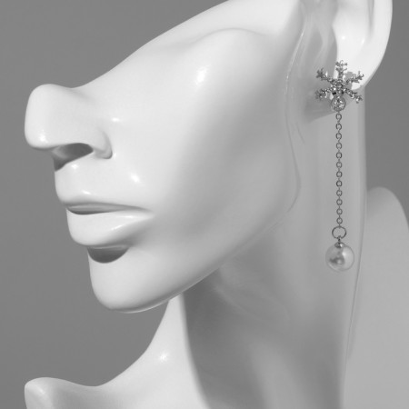Earrings with pearls "snowflakes", asymmetry, white color in silver-2