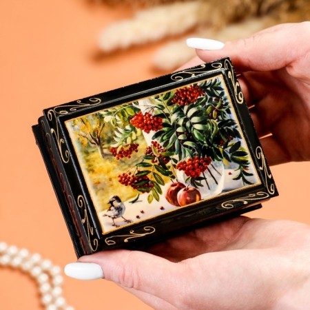 Board "Rowan on the window", 7.5 × 10 cm, lacquer miniature-1