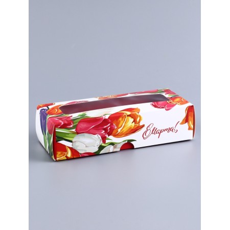 Box with a shell for 3 sweets, with the window "March 8", 13 x 5 x 3.3 cm. Confectionery packaging-1