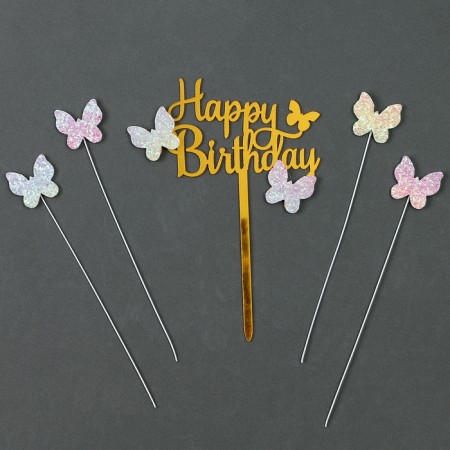 Set for decorating "Happy Birthday" butterflies, set 4 pcs, color gold-1