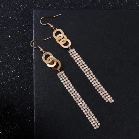 Hanging earrings with rhinestones "evening" thread and ring, white color in gold, 10 cm-2