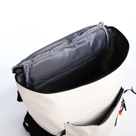 A backpack with a zipper, 5 outer pockets, beige color/black-5