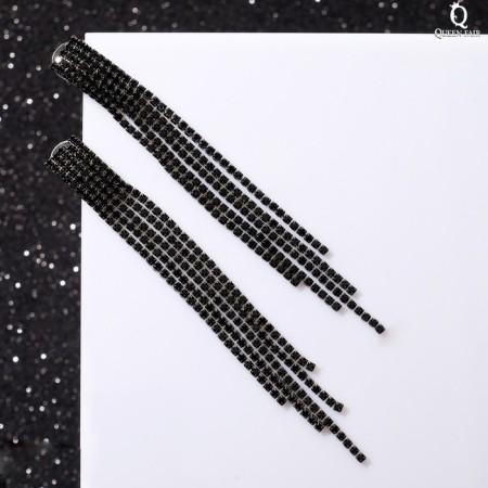 Hanging earrings with rhinestones "Waterfall" on a rectangle, black color in gray metal, 12.7 cm