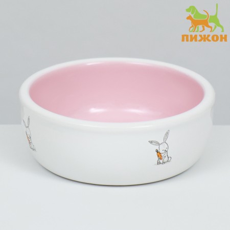 Ceramic bowl for rabbits 200 ml 10 x 3.7 cm, pink/white-1