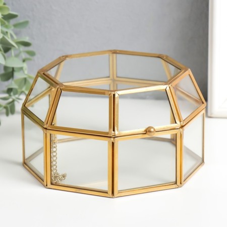 Casket glass with a metal frame "with faces" gold 8.5x15x14.5 cm