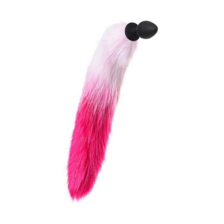 Anal plug with a white-pink tail, silicone, black color, 45 cm, d = 3.3 cm-1