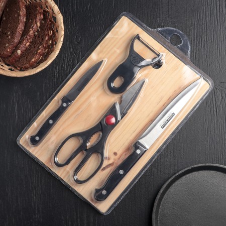 A set of kitchen supplies, 5 objects: knives 9.2 cm, 15.2 cm, vegetable cleaning, scissors, board, black color-3