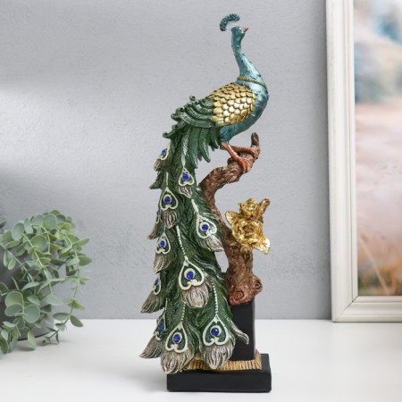 Polystone souvenir "Peacock with green feathers with gold stroke on a branch" 13.5x9x36 cm