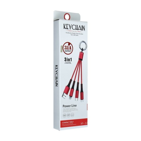 Cable keychain 3 in 1, microUSB/type -C/Lightning - USB, 2.4 A, red-3