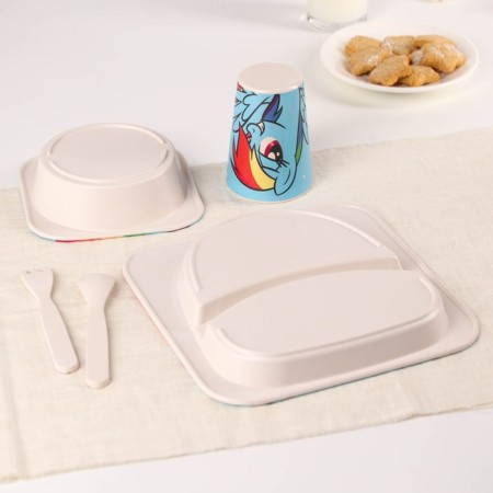 A set of children's bamboo dishes, 5 objects: plate, fork, spoon, glass, bowl "Rainbow Dash", My Little Pony-5