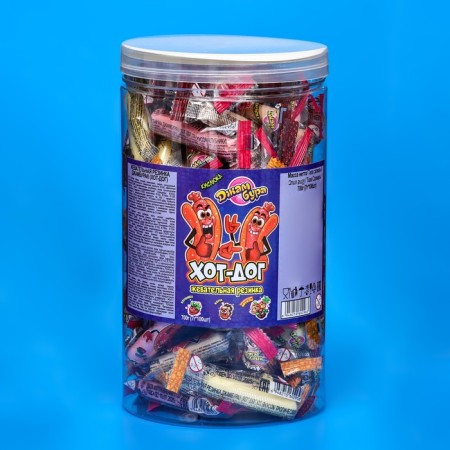 Chewing gum "hot dog" with sour powder, assorted, bank, 7 g