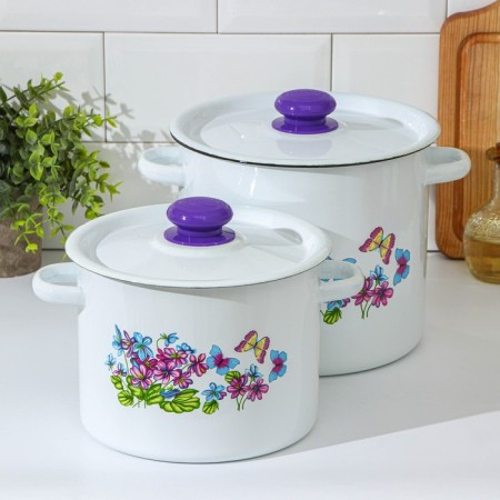 Set of pots "violet", 2 items: 3.5 l, 5.5 l, enameled lids, induction, color mix