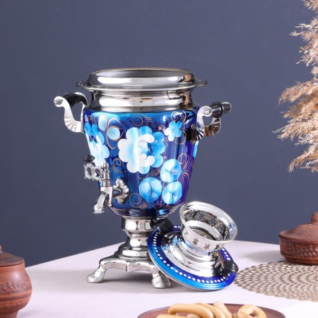 The set "Zhostovo on the blue", a glass, 3 objects, a samovar 3 l, a teapot 0.7 l, tray-4