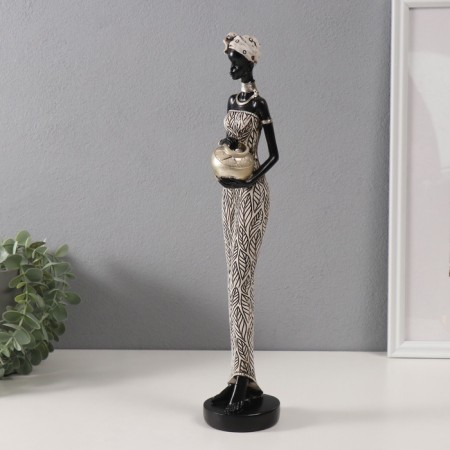 Polystone souvenir "African in a dress with leaves, with a pot" White with black 8.5x8x39 cm-3