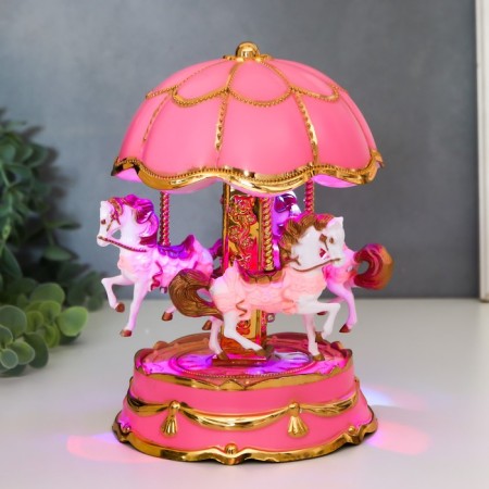 Souvenir Musical Mechanical Light "Carousel - Horses" Pink 12.3x12.3x18 cm-6